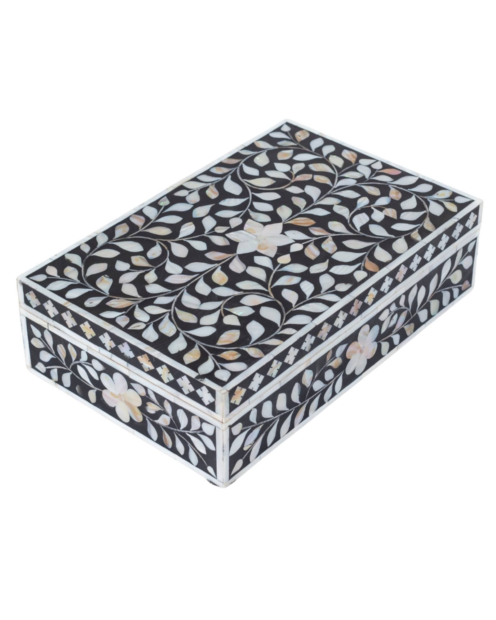 Black mother of pearl inlay decorative box with floral pattern, handcrafted storage box in wood.
