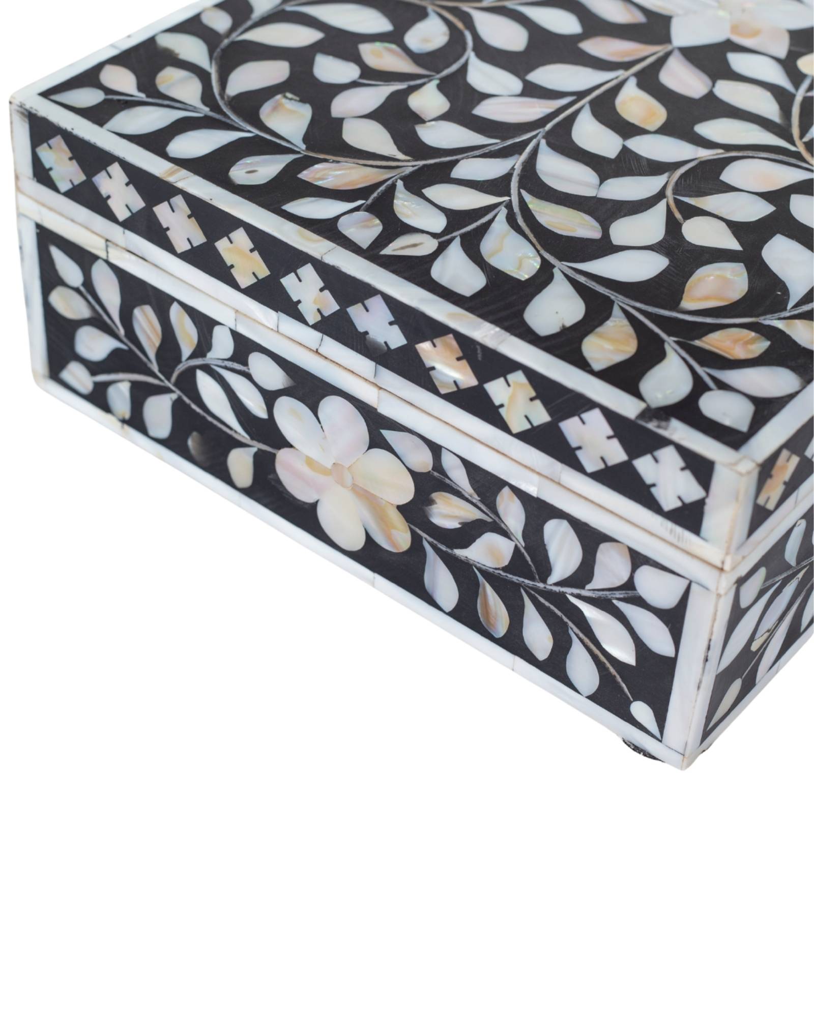 Black mother of pearl inlay decorative box with floral pattern, handcrafted storage box in wood.