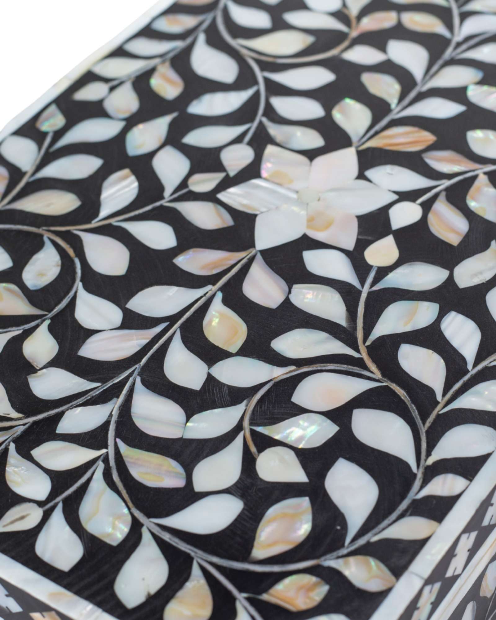 Black mother of pearl inlay decorative box with floral pattern, handcrafted storage box in wood.