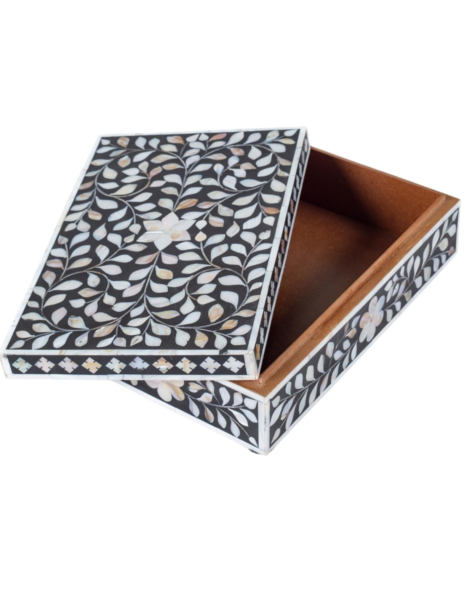 Black mother of pearl inlay decorative box with floral pattern, handcrafted storage box in wood.