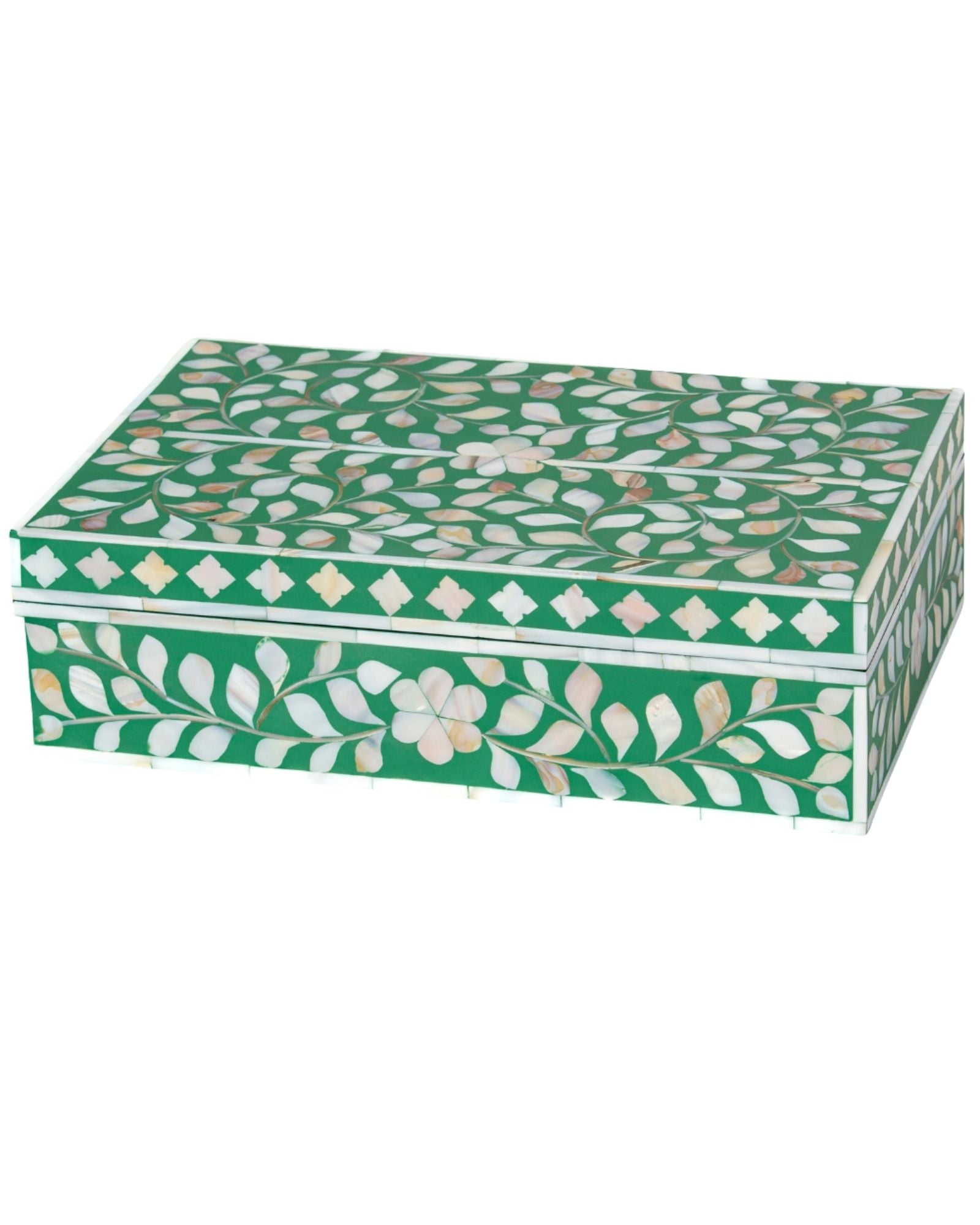 Green mother of pearl inlay decorative box with floral pattern, handcrafted storage box in wood.
