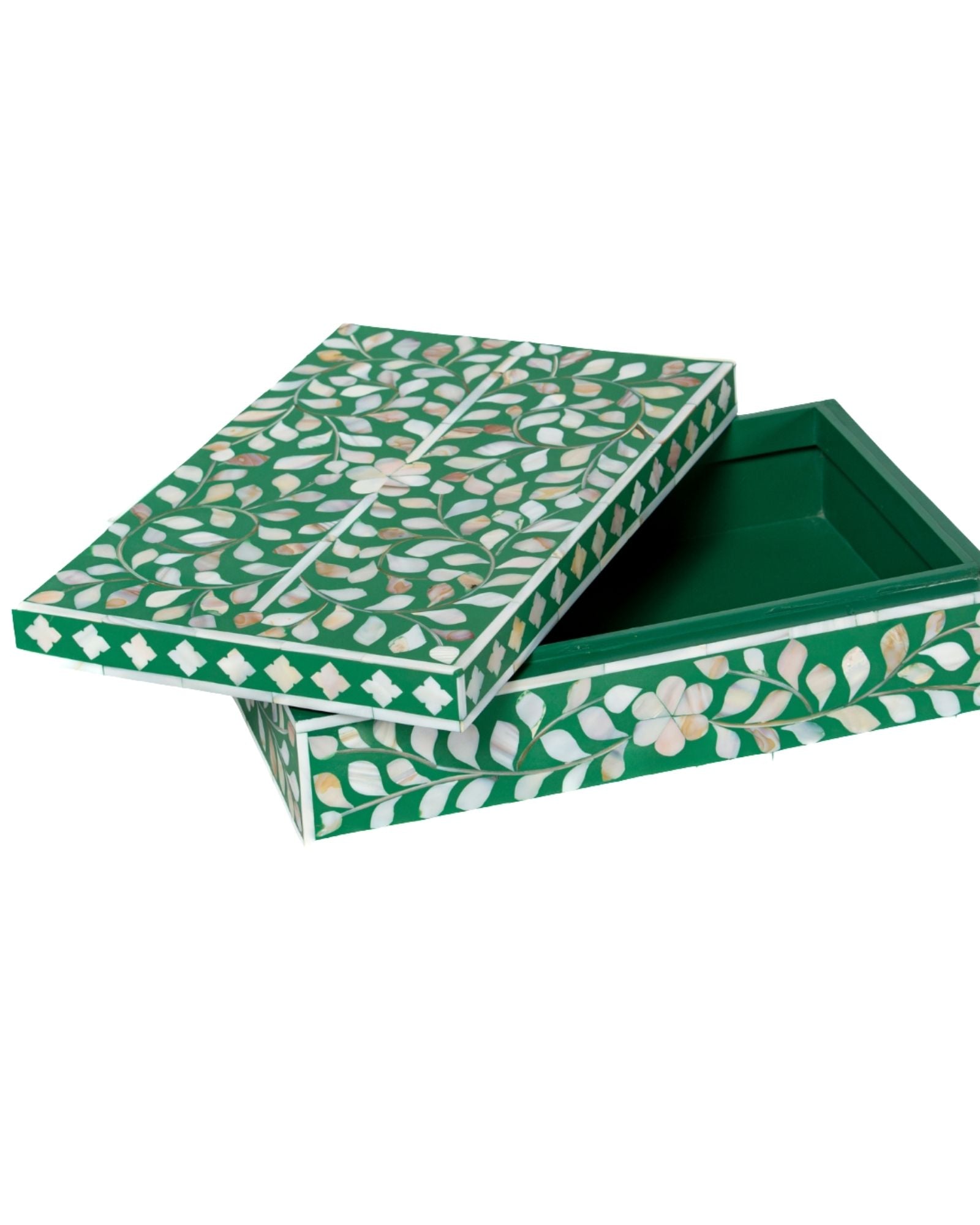 Green mother of pearl inlay decorative box with floral pattern, handcrafted storage box in wood.