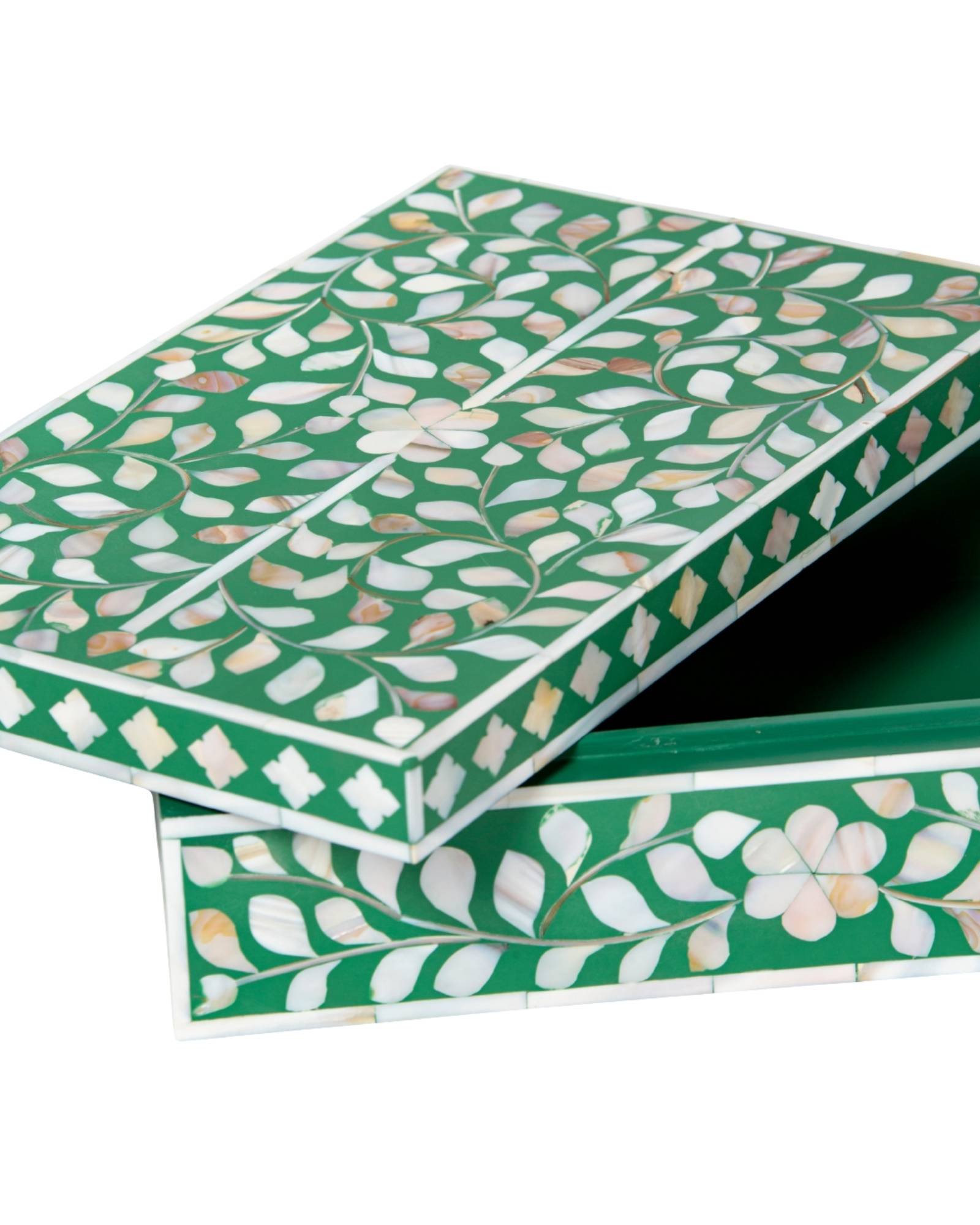 Green mother of pearl inlay decorative box with floral pattern, handcrafted storage box in wood.
