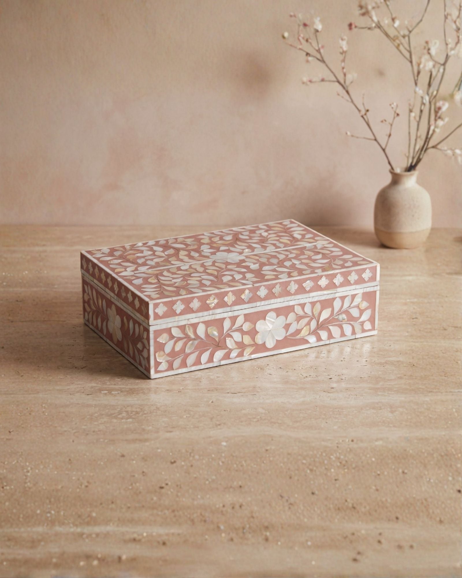 Pink mother of pearl inlay decorative box with floral pattern, handcrafted storage box in wood.