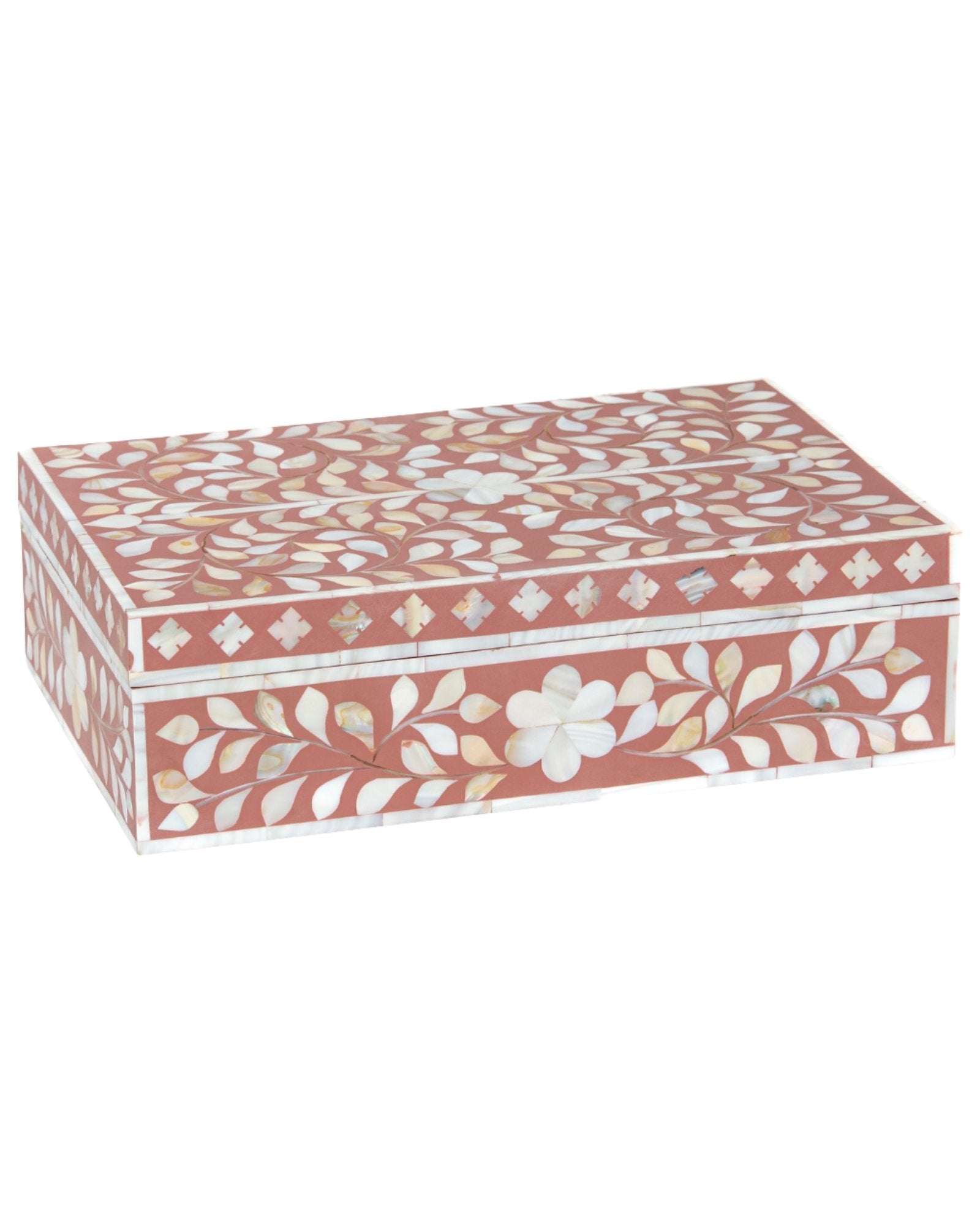 Pink mother of pearl inlay decorative box with floral pattern, handcrafted storage box in wood.