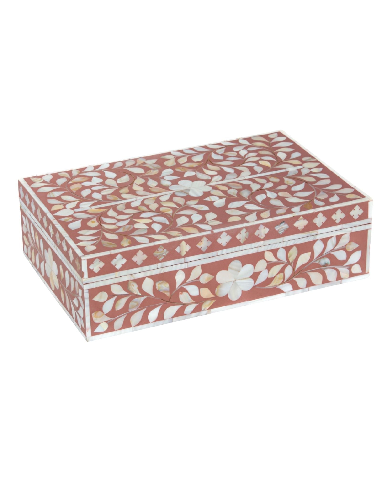 Pink mother of pearl inlay decorative box with floral pattern, handcrafted storage box in wood.