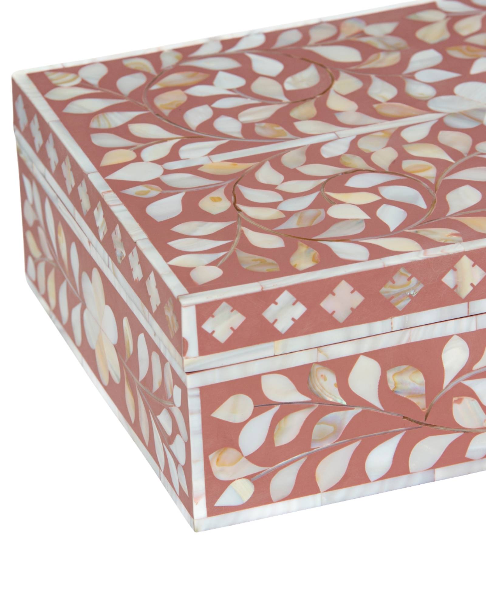 Pink mother of pearl inlay decorative box with floral pattern, handcrafted storage box in wood.