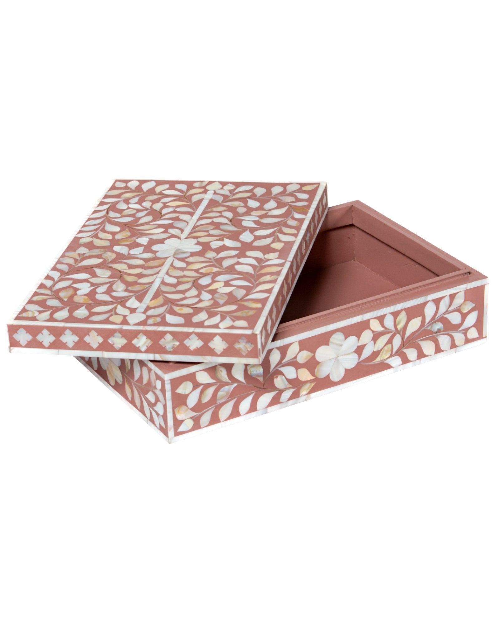 Pink mother of pearl inlay decorative box with floral pattern, handcrafted storage box in wood.