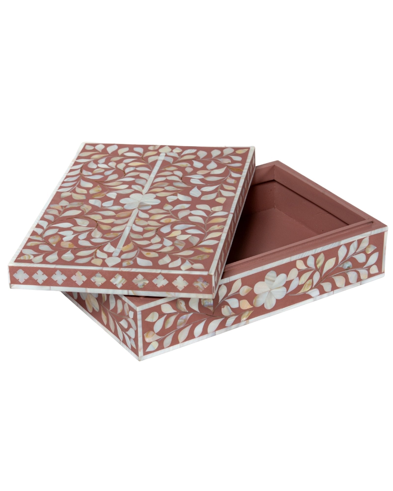 Pink mother of pearl inlay decorative box with floral pattern, handcrafted storage box in wood.