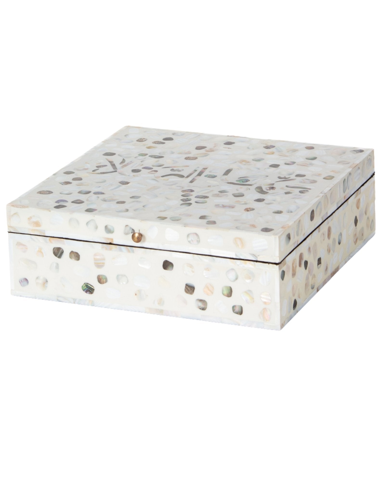 Mother of pearl inlay box featuring textured mosaic pattern in white and multitone, handcrafted decor piece.
