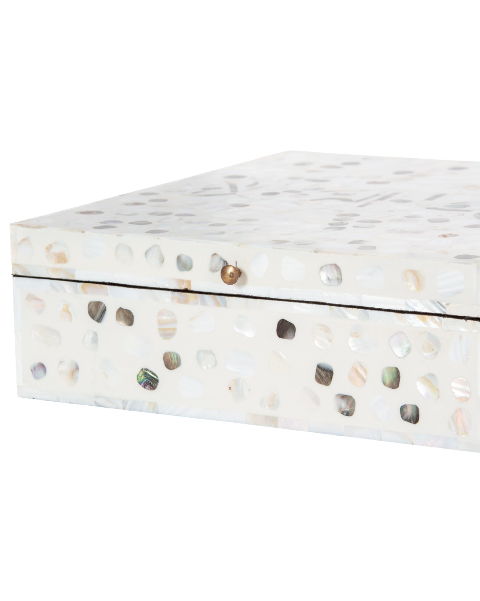 Mother of pearl inlay box featuring textured mosaic pattern in white and multitone, handcrafted decor piece.