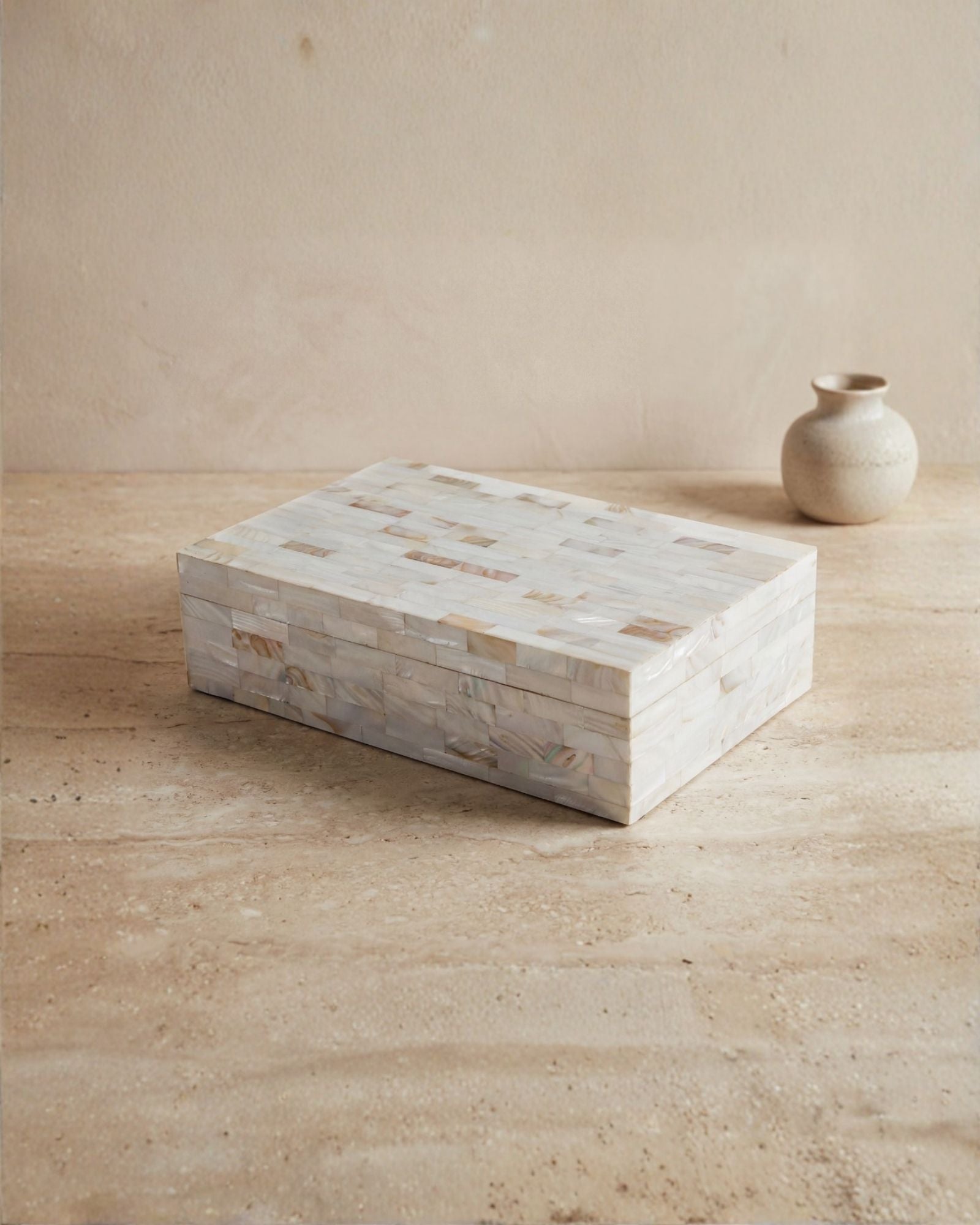 White mother of pearl inlay decorative box with mosaic pattern, handcrafted storage box in wood.
