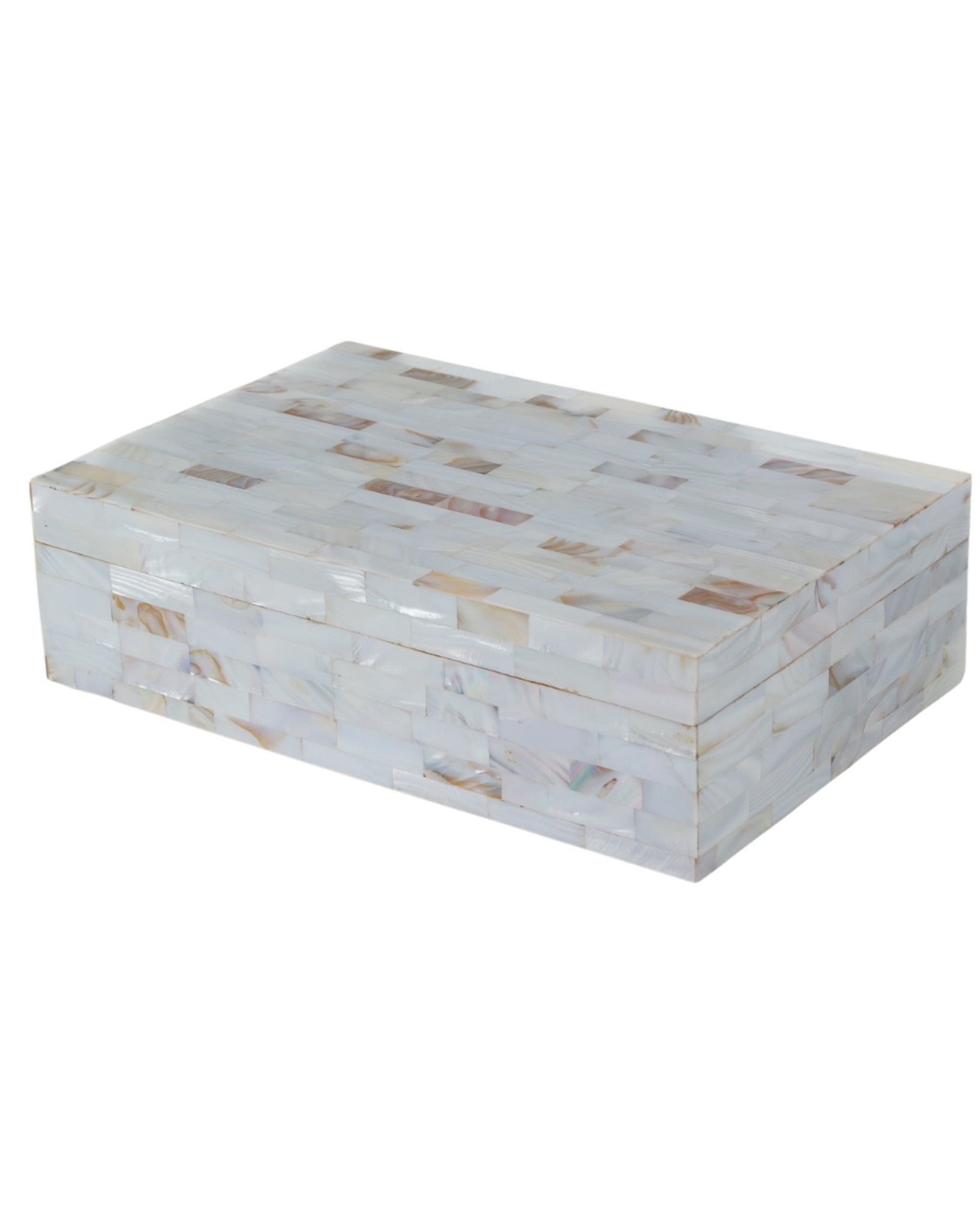 White mother of pearl inlay decorative box with mosaic pattern, handcrafted storage box in wood.