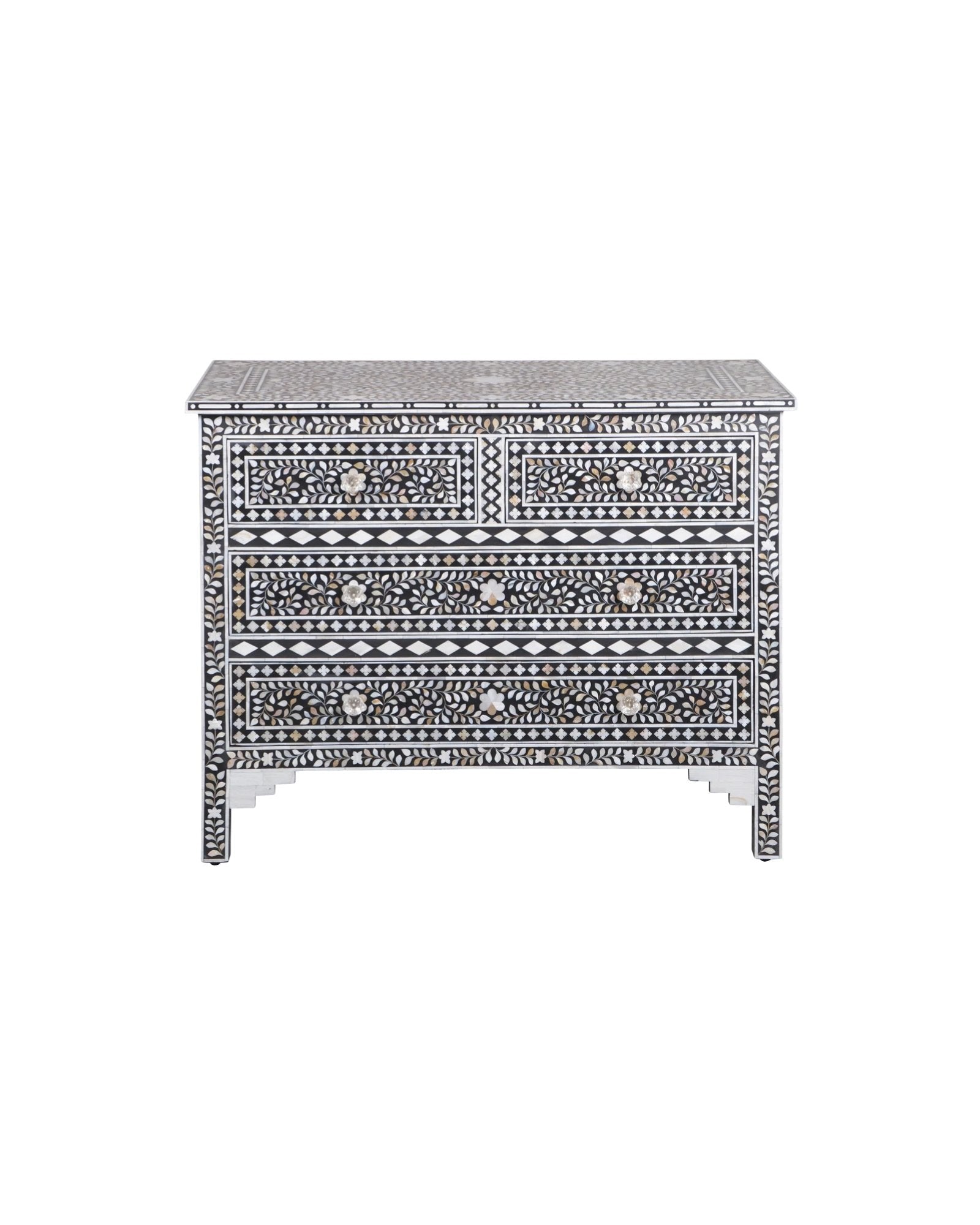 A handcrafted black mother of pearl inlay chest of drawers, featuring intricate floral patterns and geometric designs, with crystal knobs and smooth drawer slides.