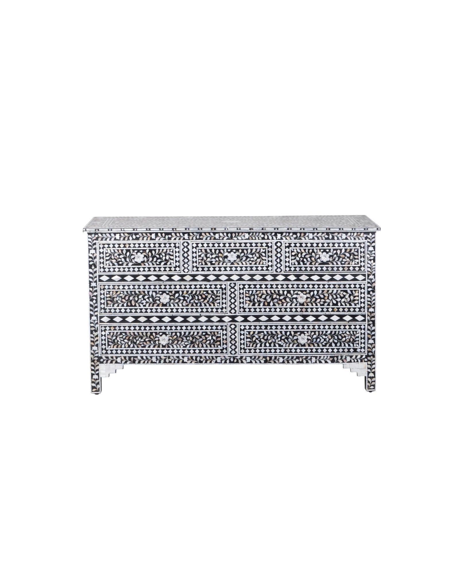 Elegant Iris Chest of Drawers in black Mother of Pearl inlay, featuring intricate floral patterns and spacious storage.
