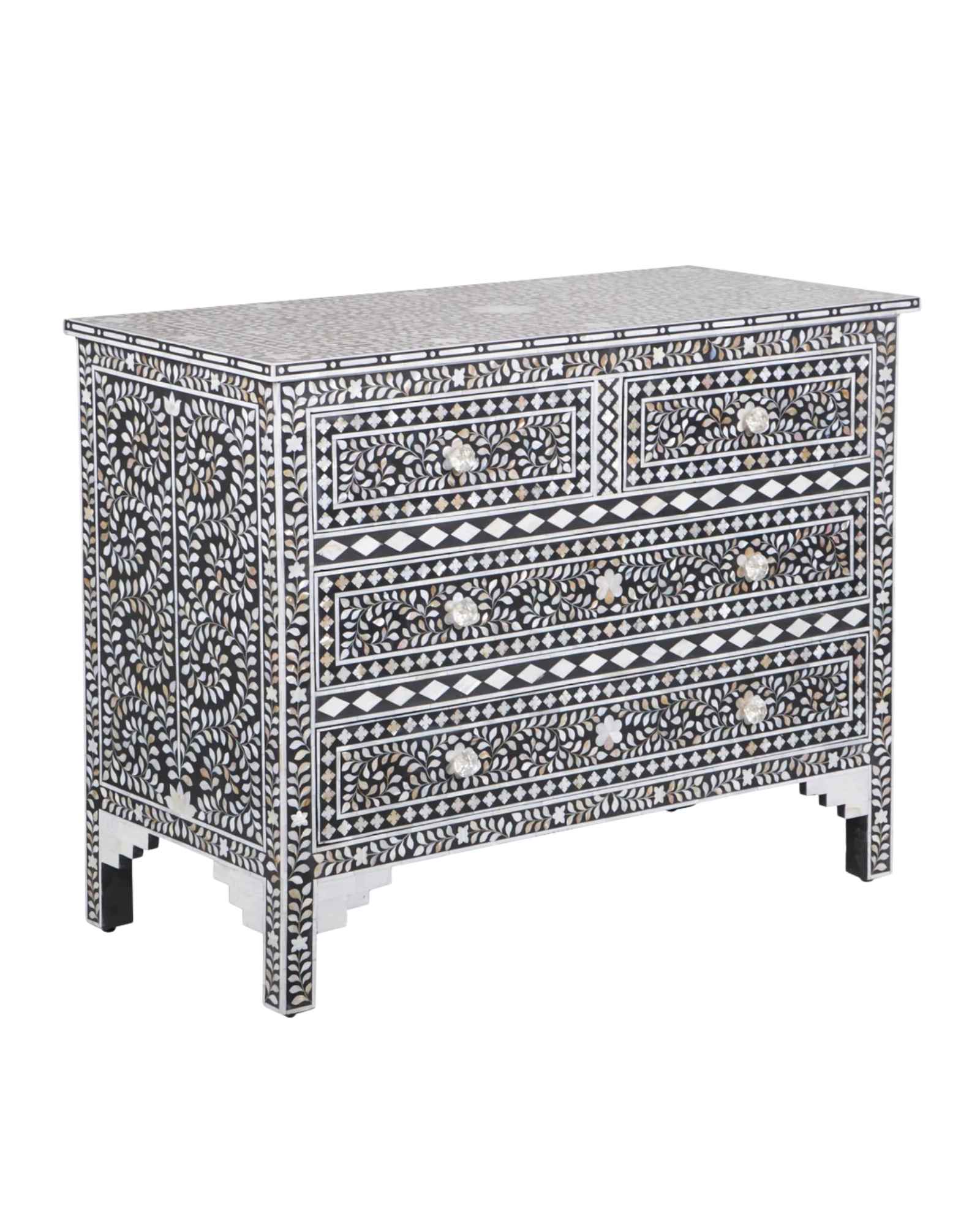 A handcrafted black mother of pearl inlay chest of drawers, featuring intricate floral patterns and geometric designs, with crystal knobs and smooth drawer slides.
