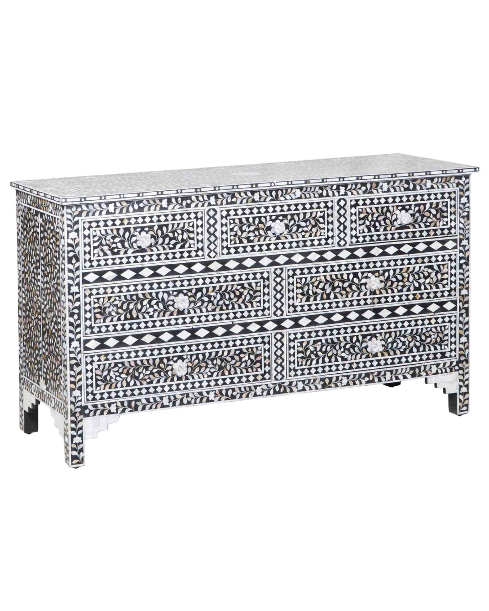 Elegant Iris Chest of Drawers in black Mother of Pearl inlay, featuring intricate floral patterns and spacious storage.
