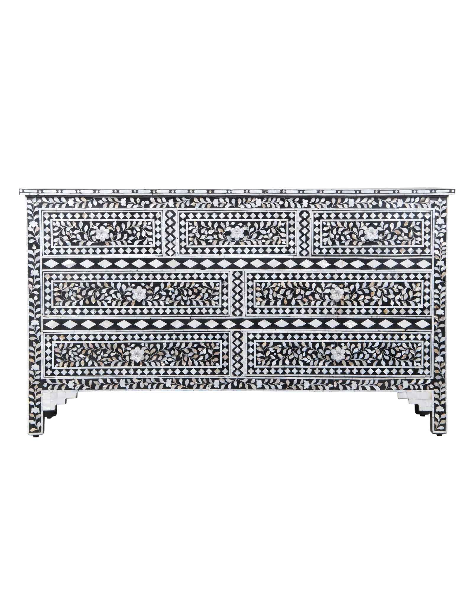 Elegant Iris Chest of Drawers in black Mother of Pearl inlay, featuring intricate floral patterns and spacious storage.

