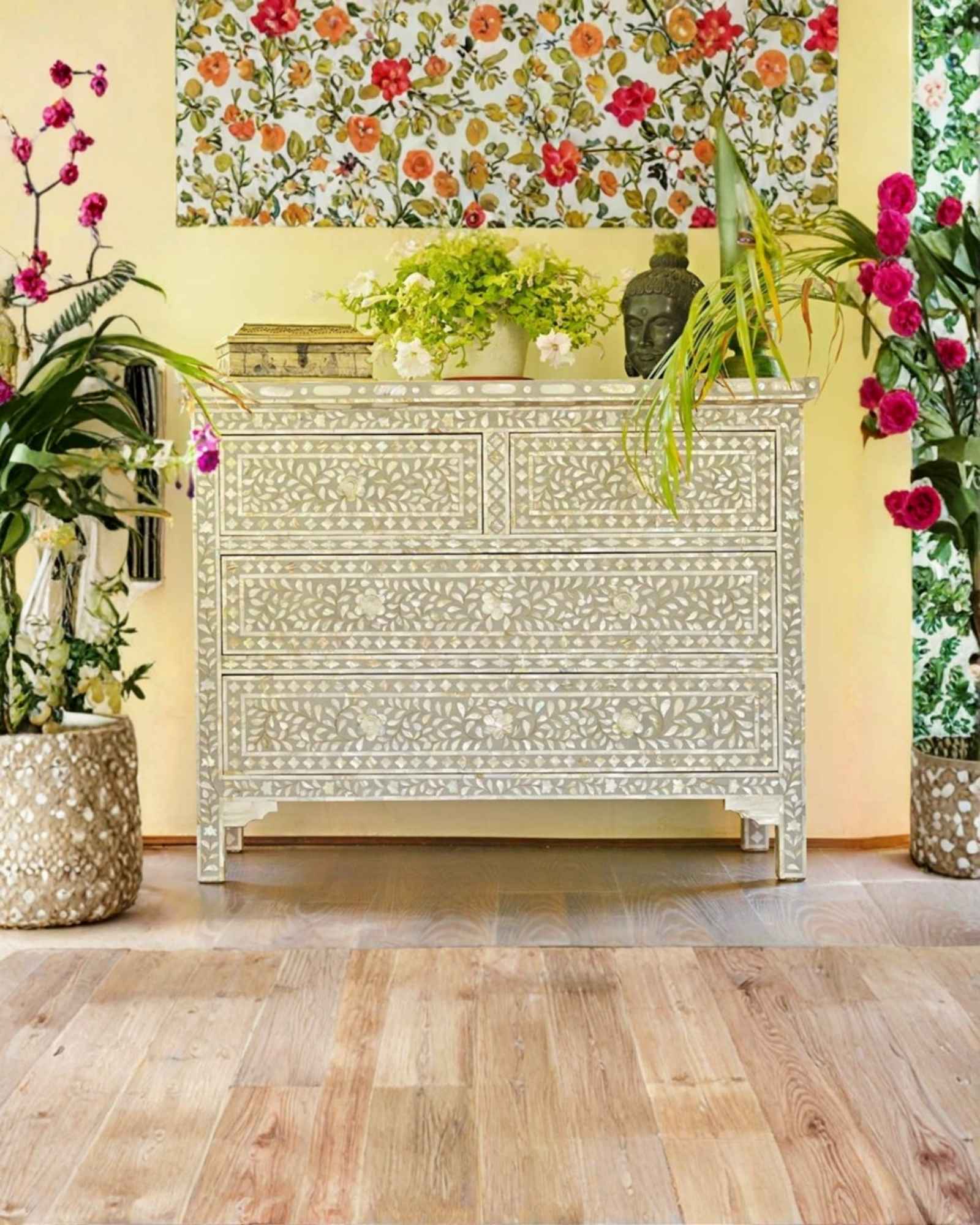 Exquisite handcrafted gray mother of pearl inlay chest of drawers with floral patterns and intricate detailing.
