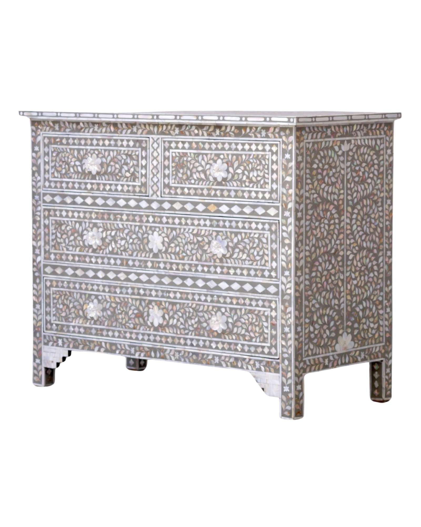 Exquisite handcrafted gray mother of pearl inlay chest of drawers with floral patterns and intricate detailing.
