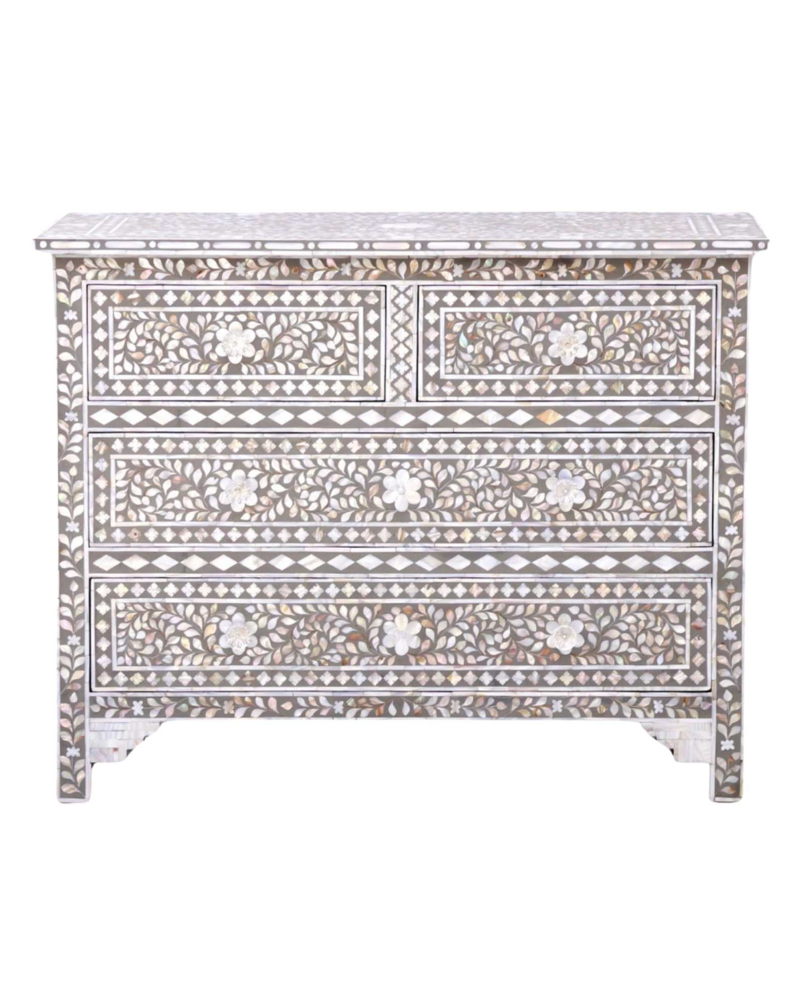 Exquisite handcrafted gray mother of pearl inlay chest of drawers with floral patterns and intricate detailing.
