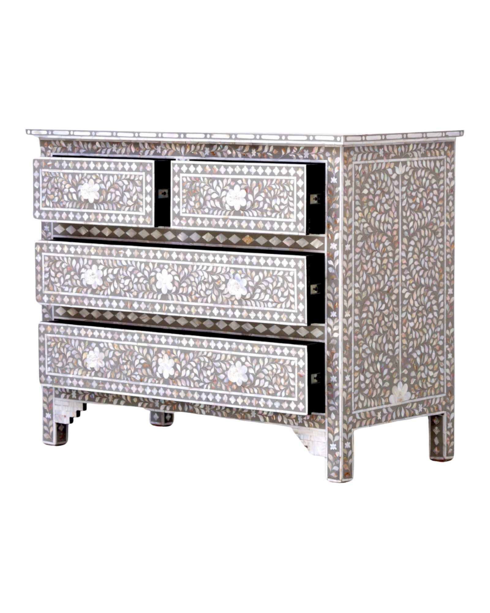 Exquisite handcrafted gray mother of pearl inlay chest of drawers with floral patterns and intricate detailing.
