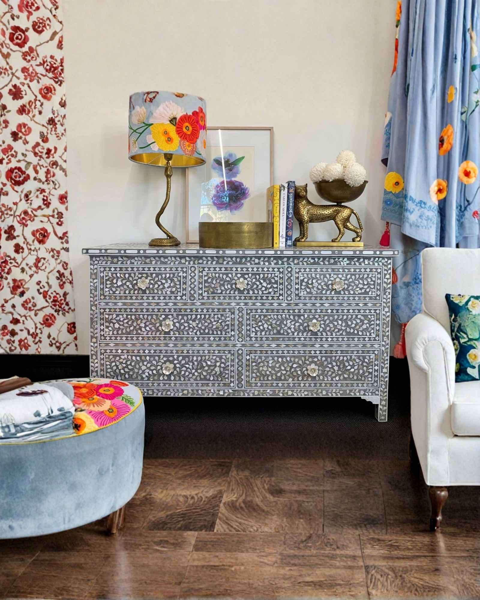 Iris Chest of Drawers - Grey Mother of Pearl Inlay - Tabeer Homes