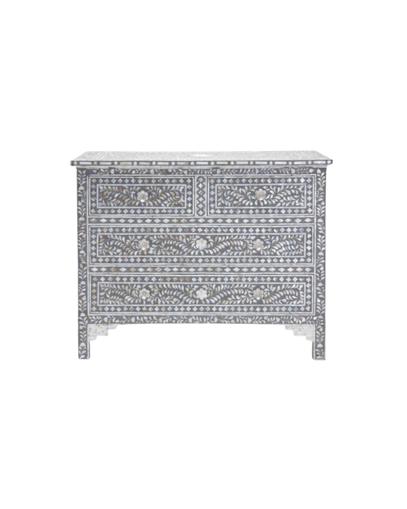 Featuring a Grey Mother of Pearl Inlay Chest of Drawer in floral pattern, the Iris collection enhances your space with intricately handcrafted designs that elevate your home and living aesthetics. 