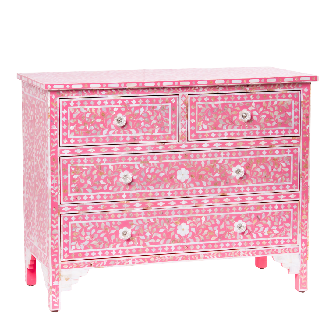 Beautifully handcrafted, pink mother of pearl chest of drawers featuring 4 drawers and crystal knobs for a soft & mesmerising interior space by Tabeer Homes.