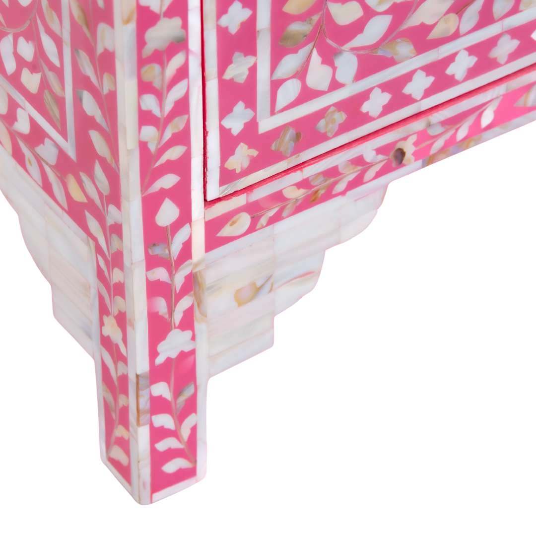 Beautifully handcrafted, pink mother of pearl chest of drawers featuring 4 drawers and crystal knobs for a soft & mesmerising interior space by Tabeer Homes.