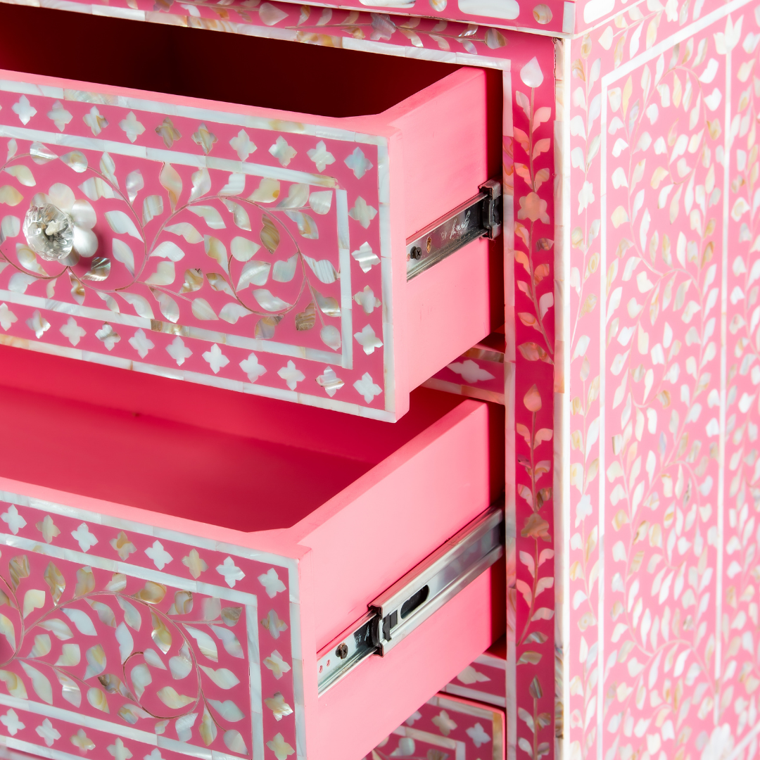 Beautifully handcrafted, pink mother of pearl chest of drawers featuring 4 drawers and crystal knobs for a soft & mesmerising interior space by Tabeer Homes.