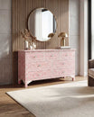 Mother of pearl inlay chest of drawers featuring intricate floral pattern in pink and white, handcrafted furniture piece