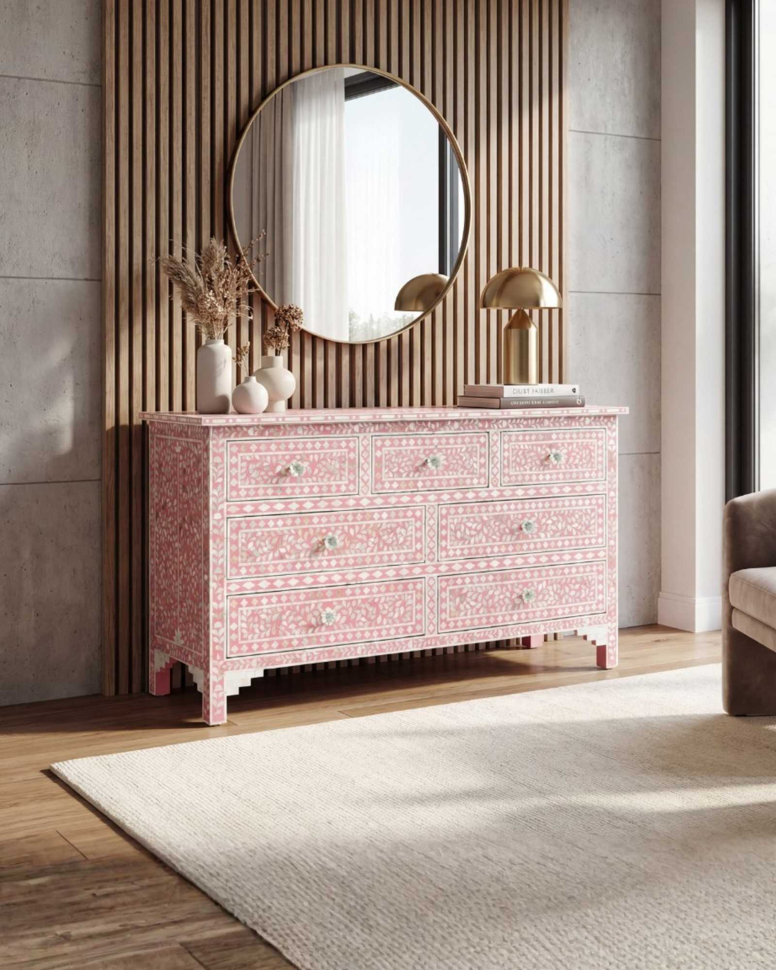 Mother of pearl inlay chest of drawers featuring intricate floral pattern in pink and white, handcrafted furniture piece