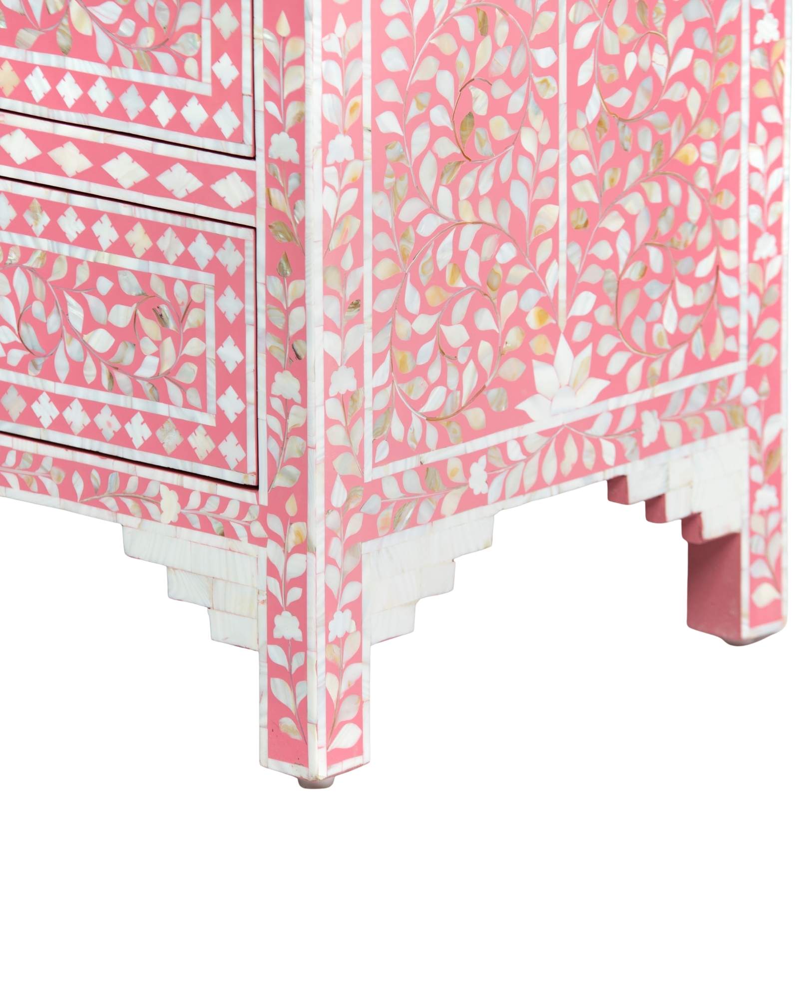 Mother of pearl inlay chest of drawers featuring intricate floral pattern in pink and white, handcrafted furniture piece