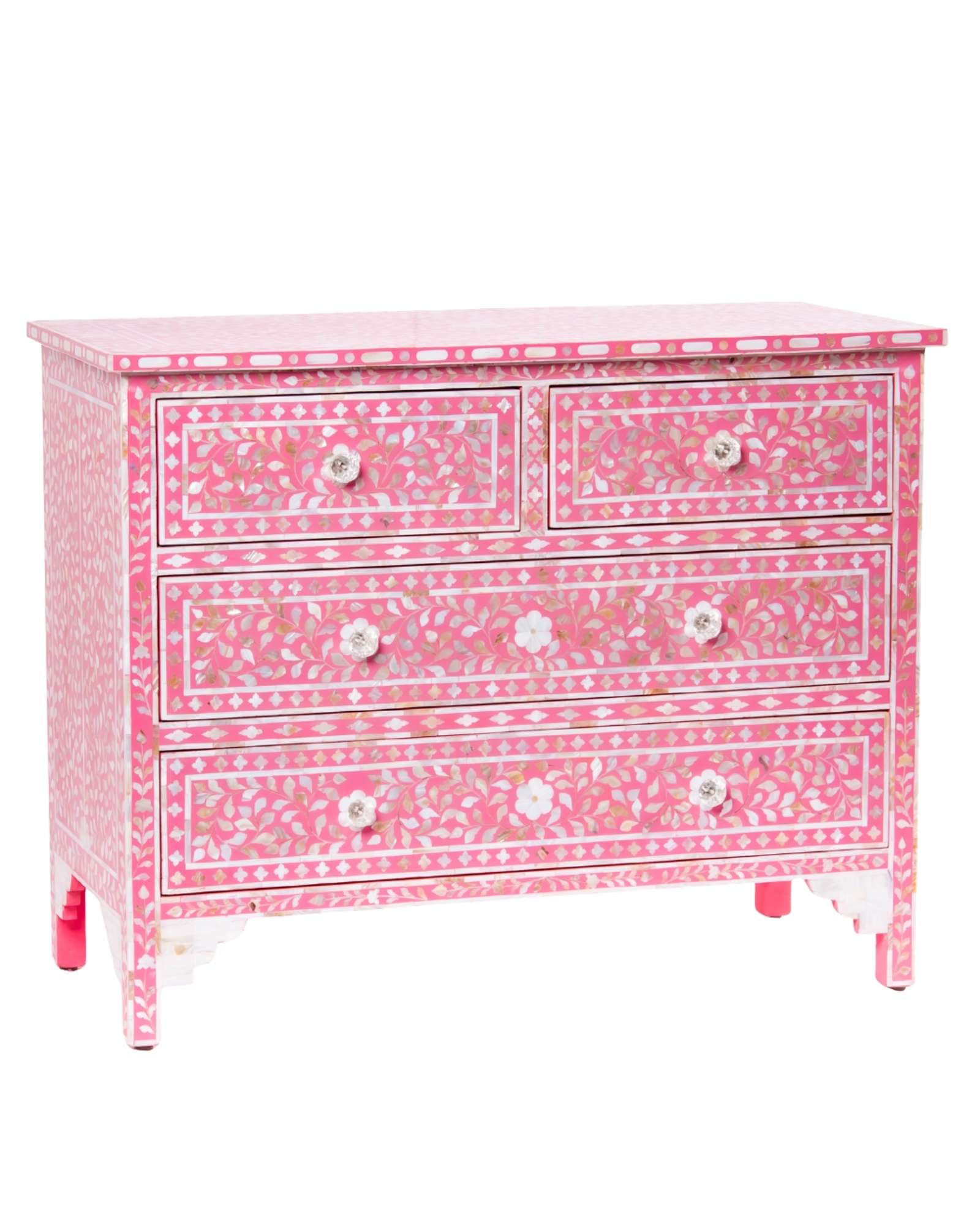 Beautifully handcrafted, pink mother of pearl chest of drawers featuring 4 drawers and crystal knobs for a soft & mesmerising interior space by Tabeer Homes.