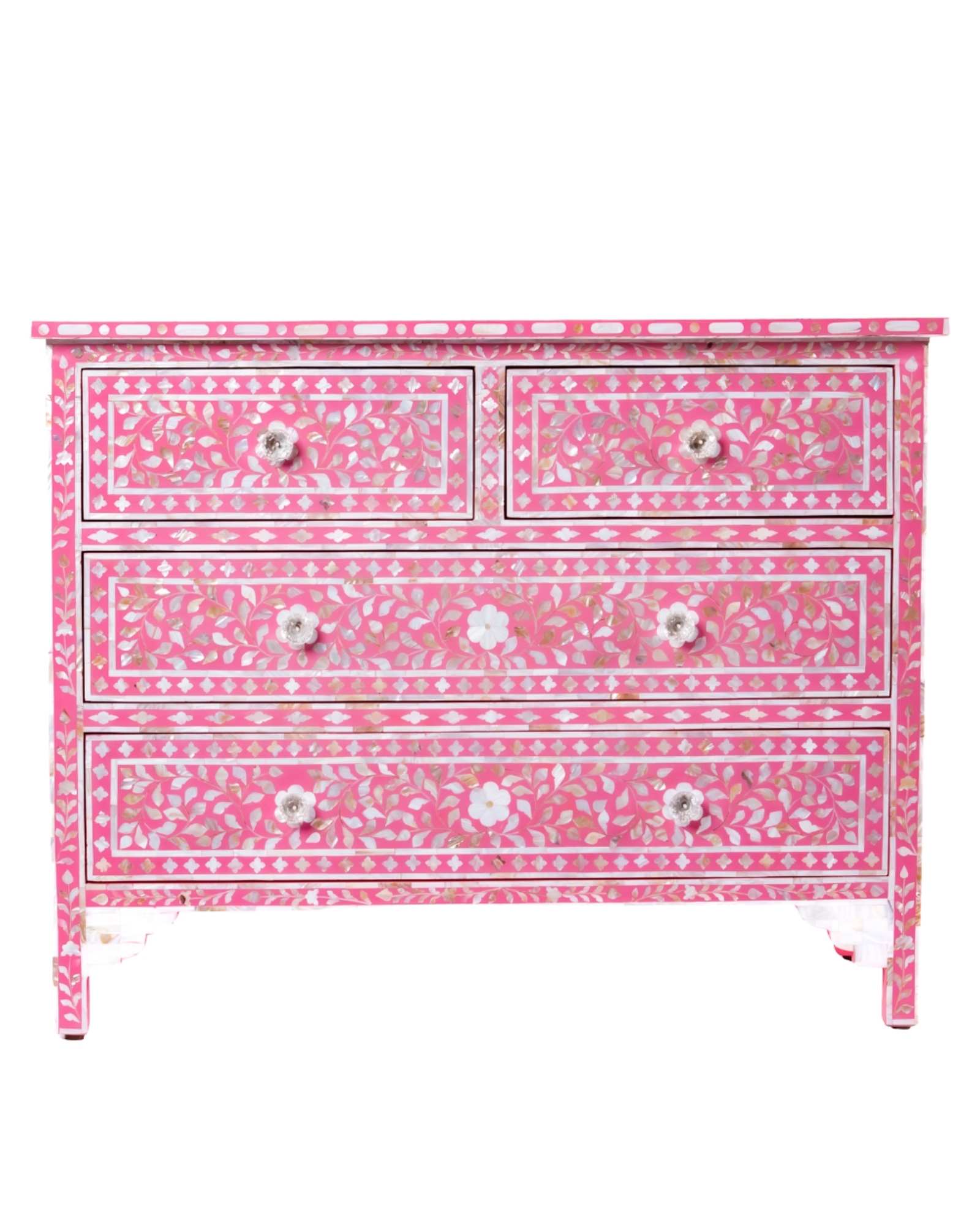 Beautifully handcrafted, pink mother of pearl chest of drawers featuring 4 drawers and crystal knobs for a soft & mesmerising interior space by Tabeer Homes.