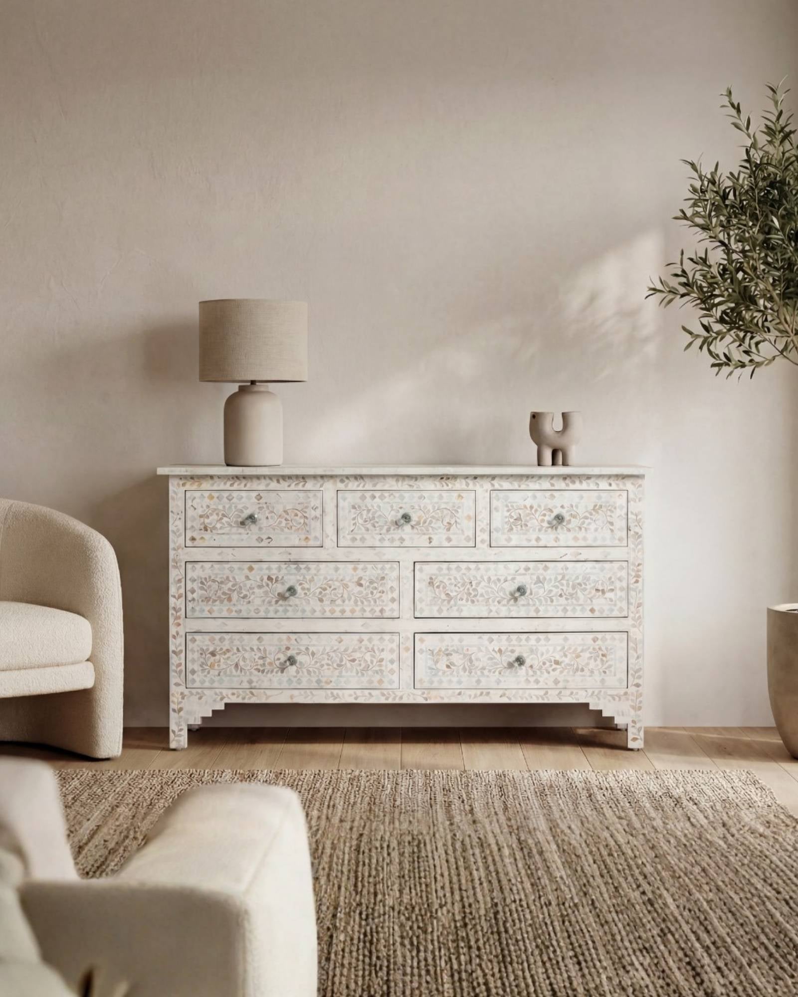 Mother of pearl inlay chest of drawers featuring intricate floral pattern in white and multitone, handcrafted furniture piece.