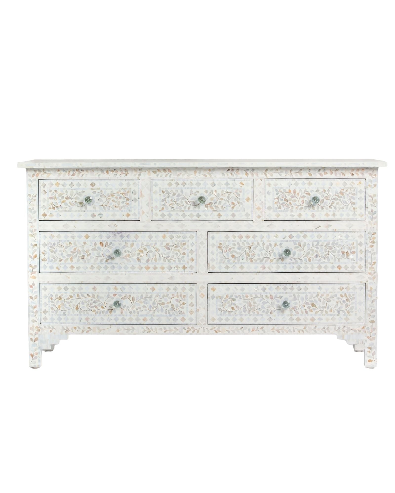 Mother of pearl inlay chest of drawers featuring intricate floral pattern in white and multitone, handcrafted furniture piece.