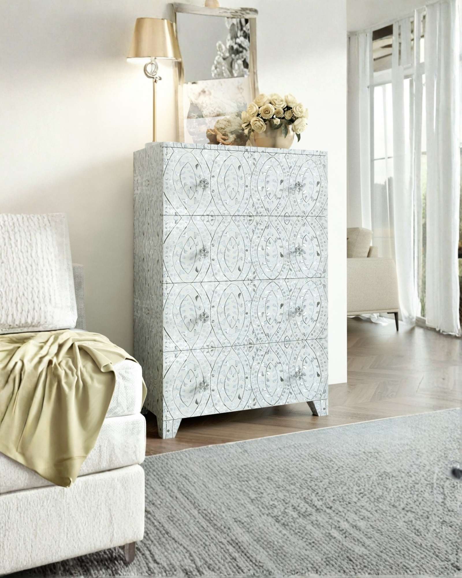 Iris Chest of Drawers - White Mother of Pearl Inlay - Tabeer Homes