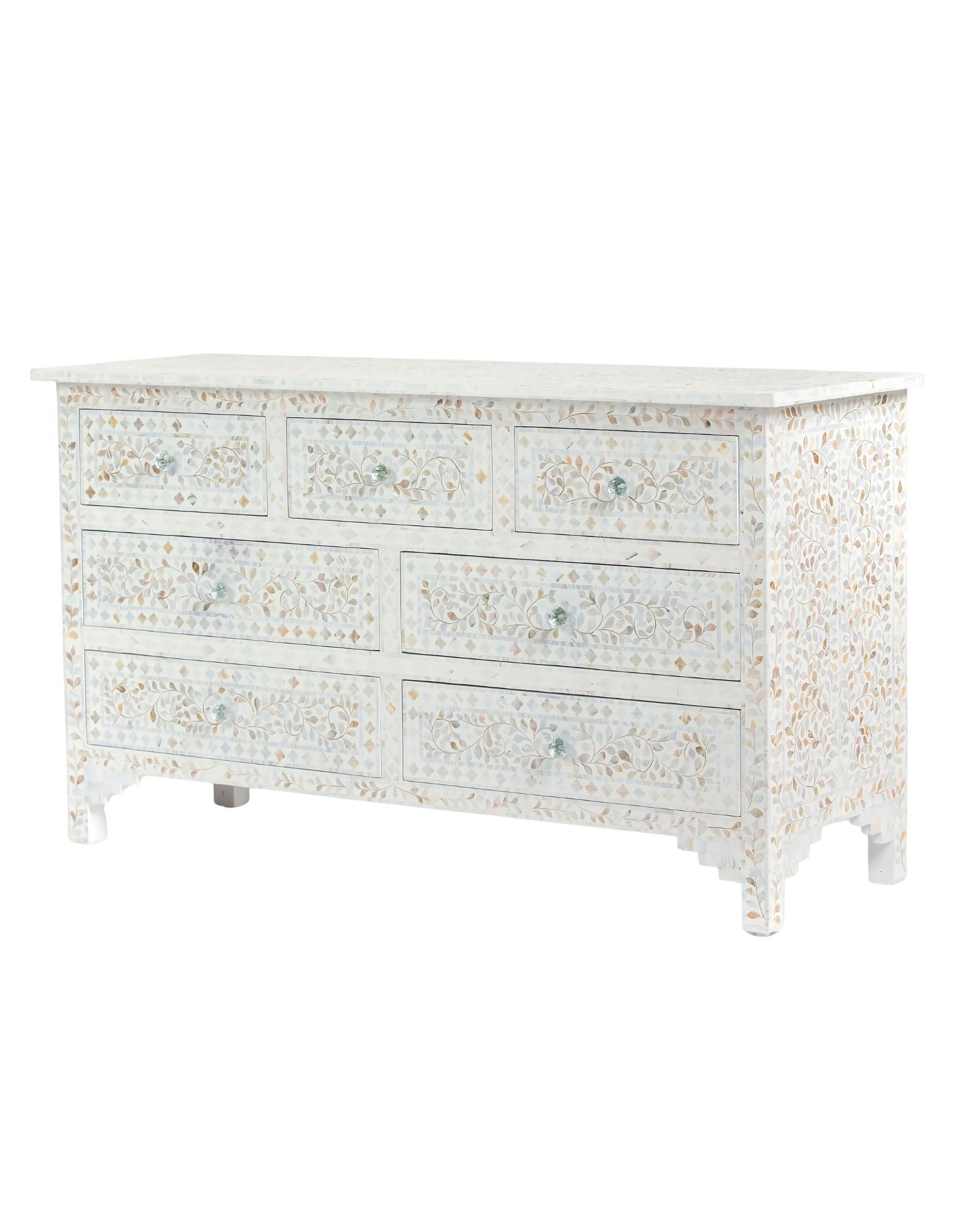 Mother of pearl inlay chest of drawers featuring intricate floral pattern in white and multitone, handcrafted furniture piece.