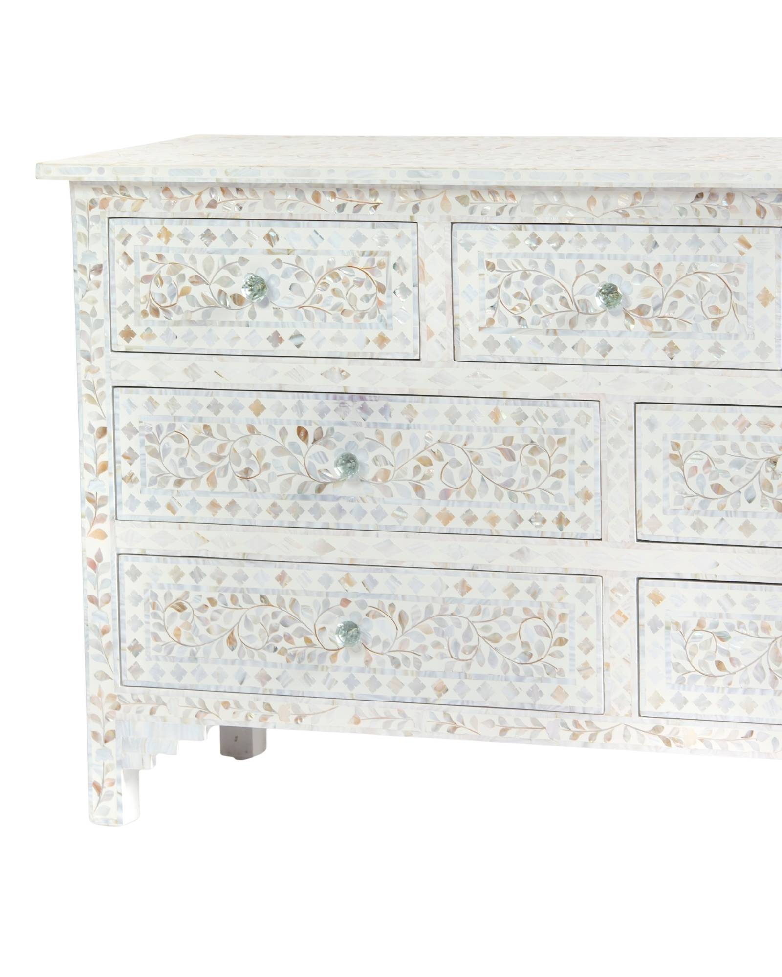 Mother of pearl inlay chest of drawers featuring intricate floral pattern in white and multitone, handcrafted furniture piece.