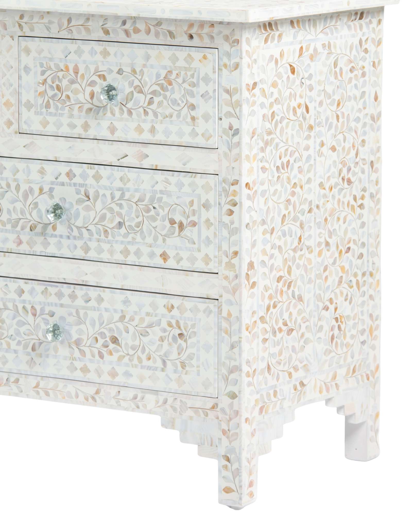 Mother of pearl inlay chest of drawers featuring intricate floral pattern in white and multitone, handcrafted furniture piece.
