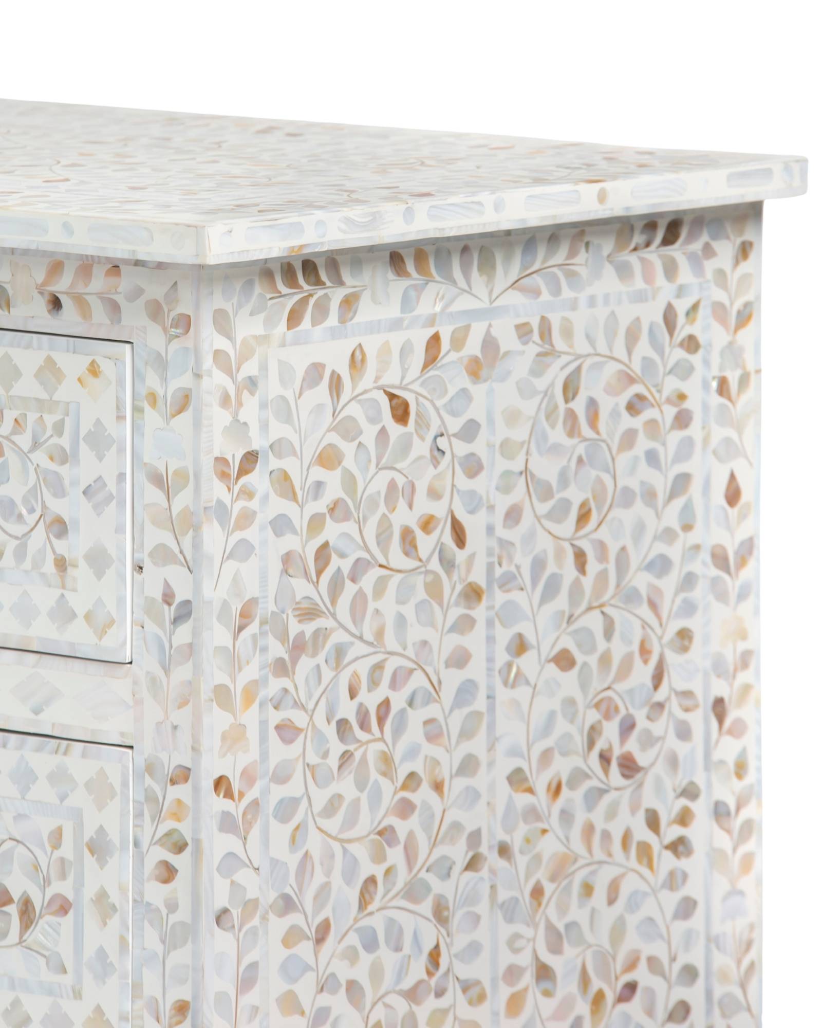 Mother of pearl inlay chest of drawers featuring intricate floral pattern in white and multitone, handcrafted furniture piece.