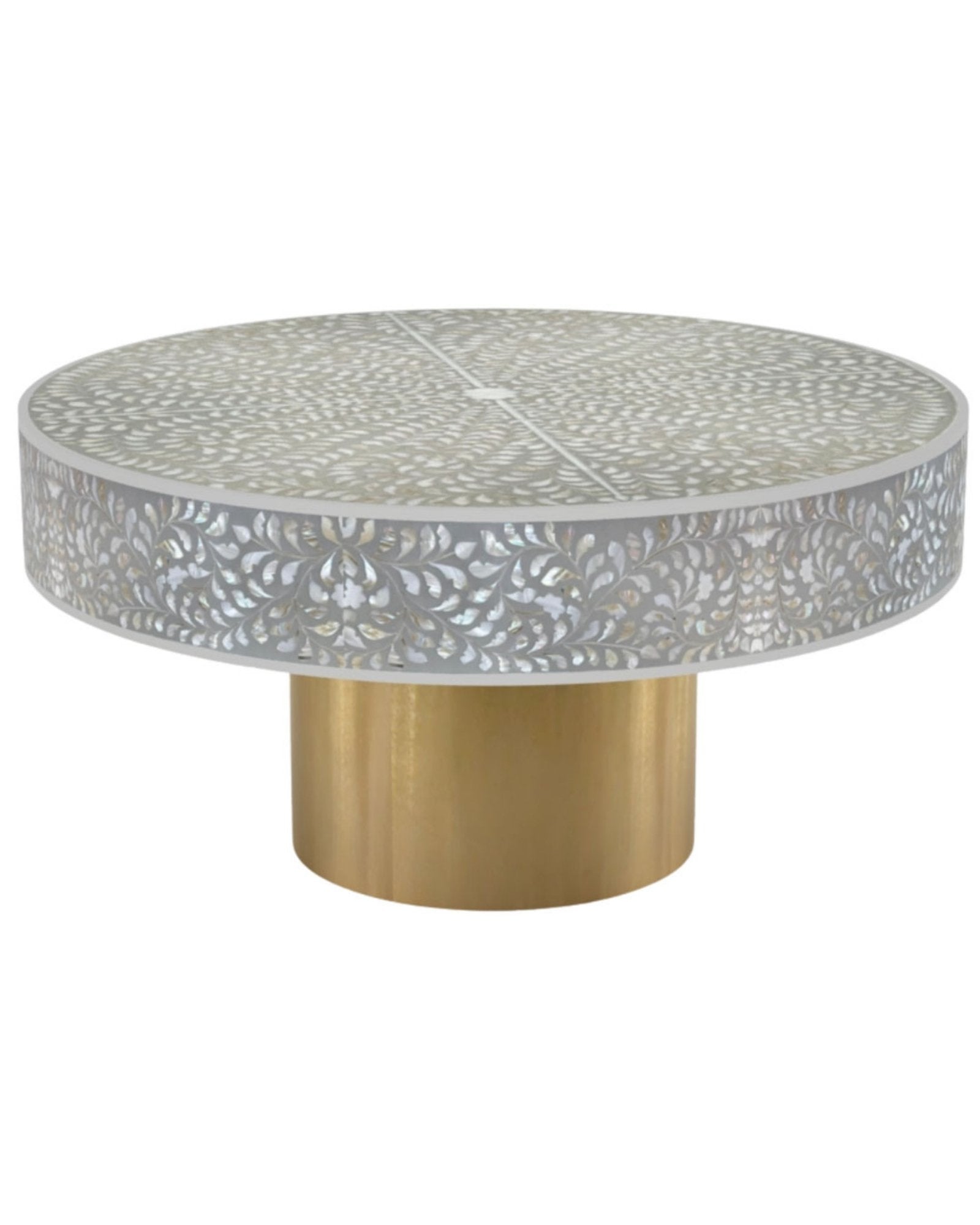 Round grey mother of pearl inlay coffee table with intricate floral design and a gold cylindrical metallic base.