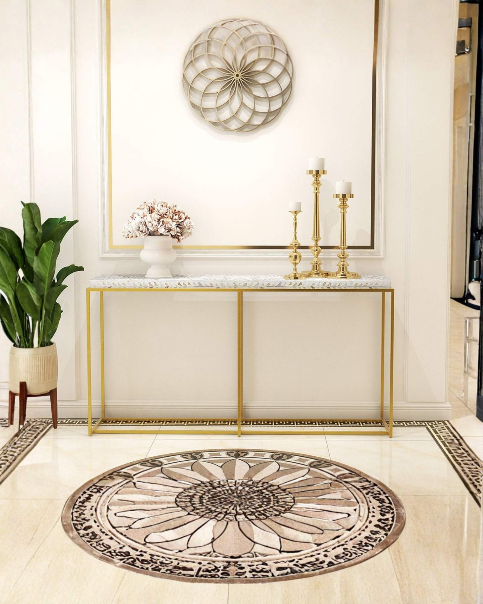 Elegant Iris Console in white mother of pearl inlay with gold base. Handcrafted design adds luxury to any entryway or living space.