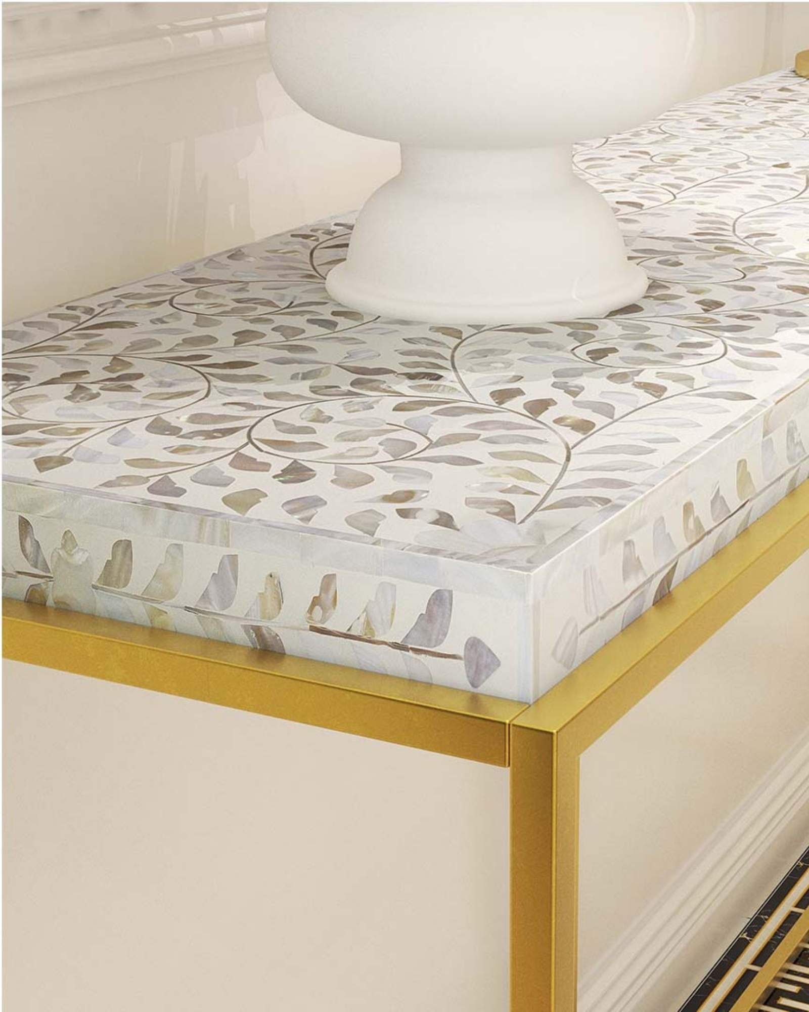 Elegant Iris Console in white mother of pearl inlay with gold base. Handcrafted design adds luxury to any entryway or living space.