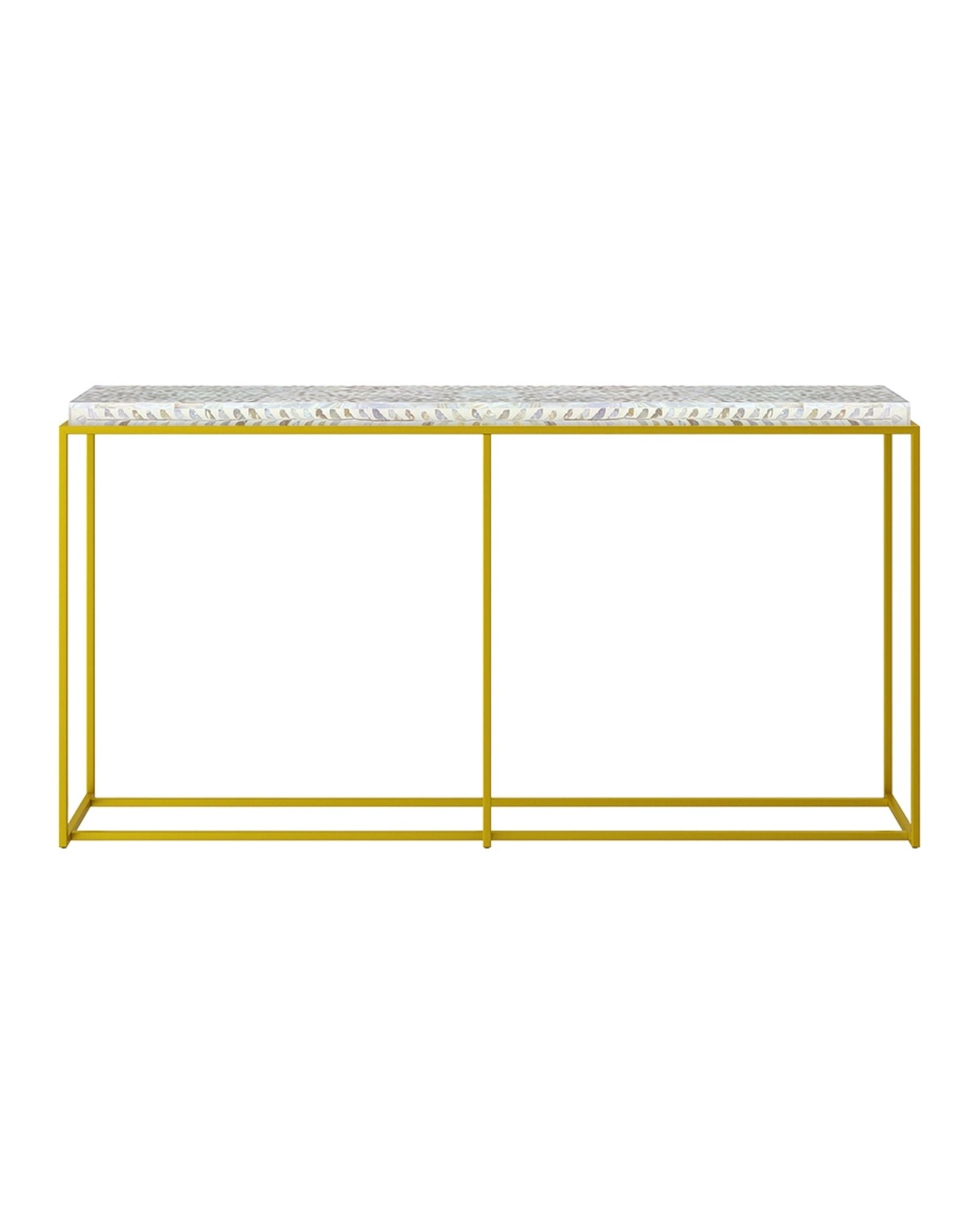 Elegant Iris Console in white mother of pearl inlay with gold base. Handcrafted design adds luxury to any entryway or living space.