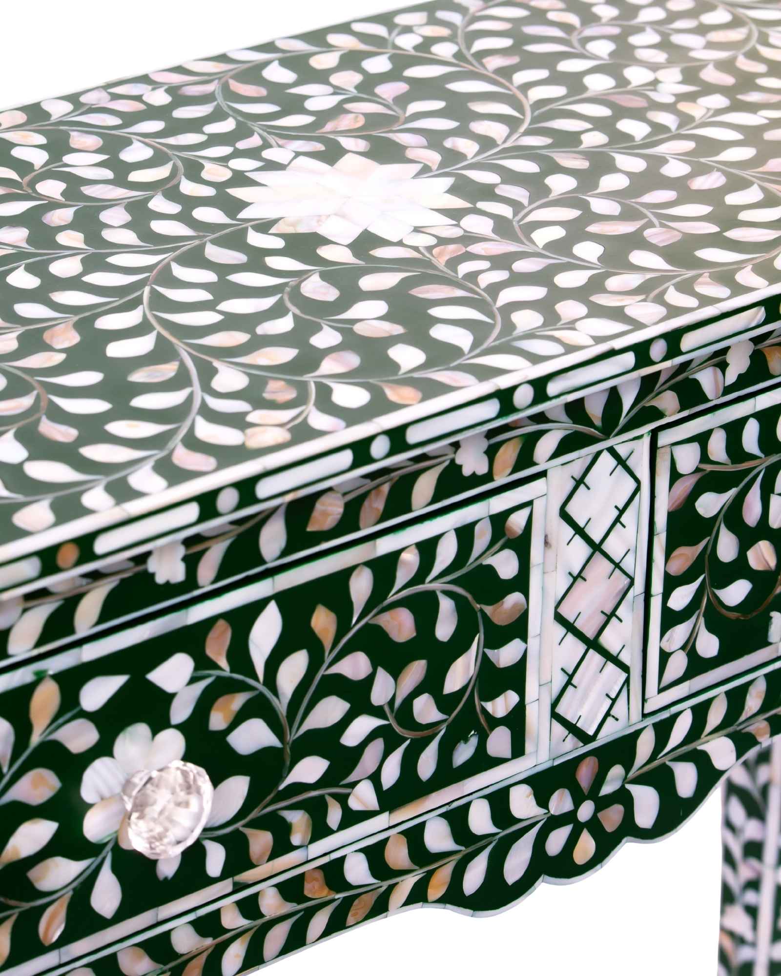Green mother of pearl inlay console with curved fully inlaid base, handcrafted with seamless iridescent detailing.
