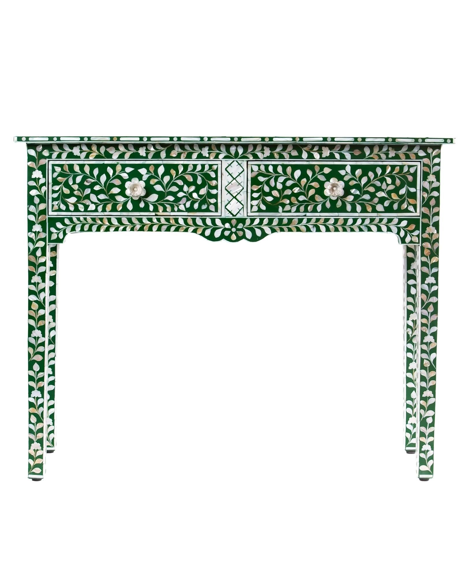 Green mother of pearl inlay console with curved fully inlaid base, handcrafted with seamless iridescent detailing.
