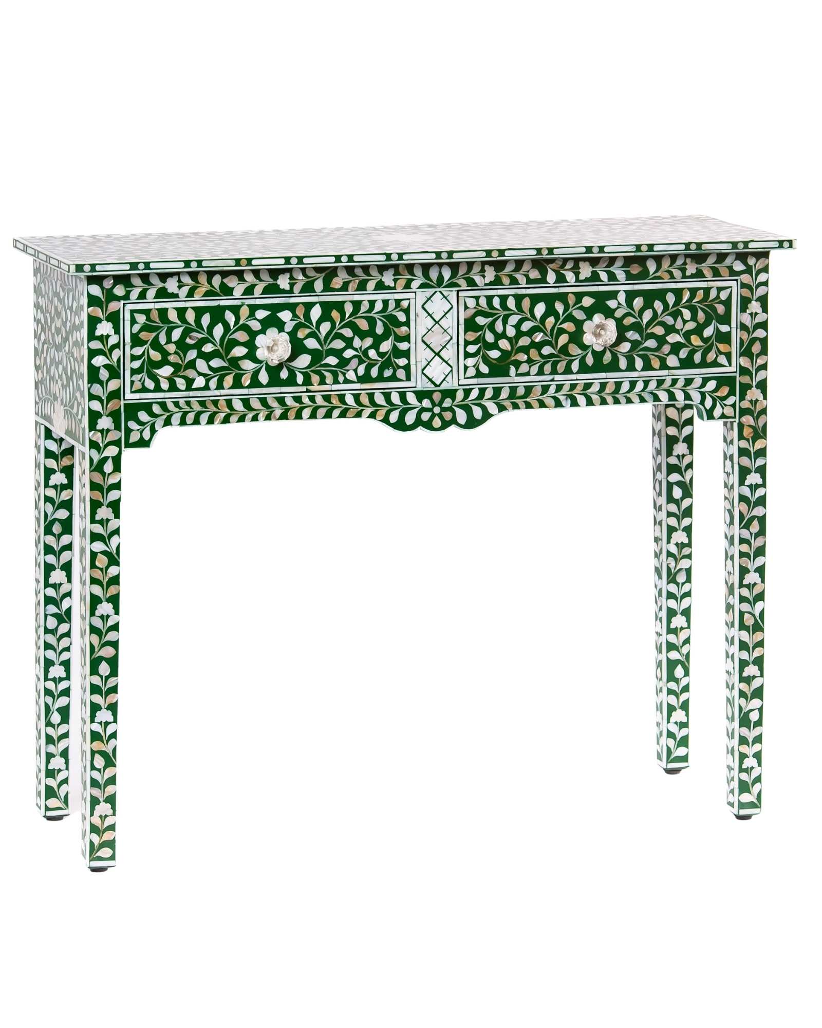 Green mother of pearl inlay console with curved fully inlaid base, handcrafted with seamless iridescent detailing.
